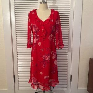 POSITIVE ATTITUDE Y2K RED FLORAL PRINT DRESS WITH RUFFLE DETAIL.